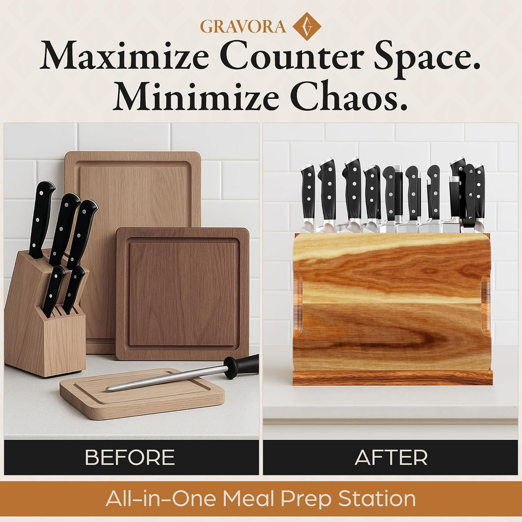 3 in 1 Magnetic Knife Block Stand, 14"x10" Cutting Board, Knife Sharpener - Wooden Magnetic Knife Holder - Acacia