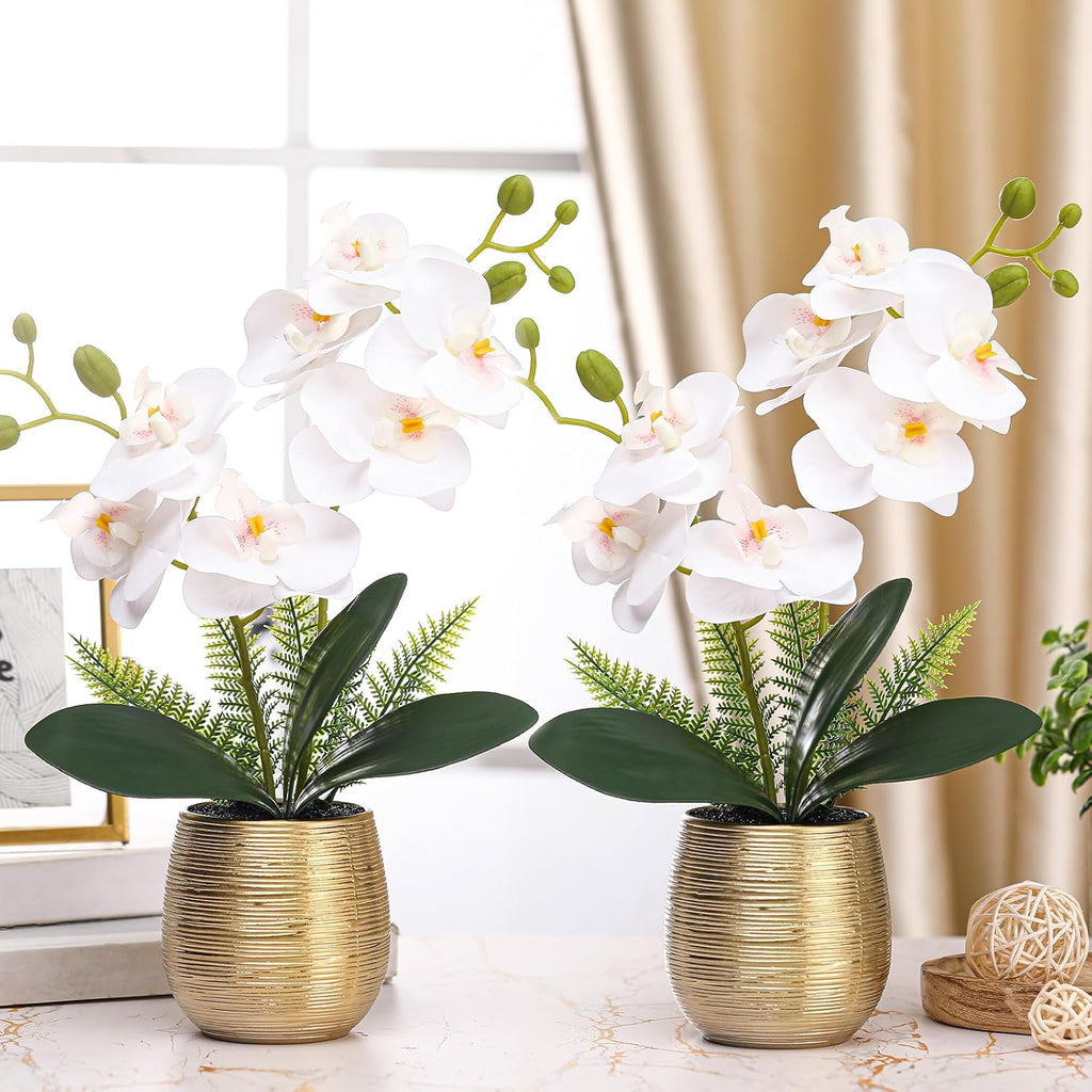Orchids Artificial Flowers in Gold Ceramic Vase 13'' White Fake Flowers Phalaenopsis Faux Orchid Wedding Party - Set of 2