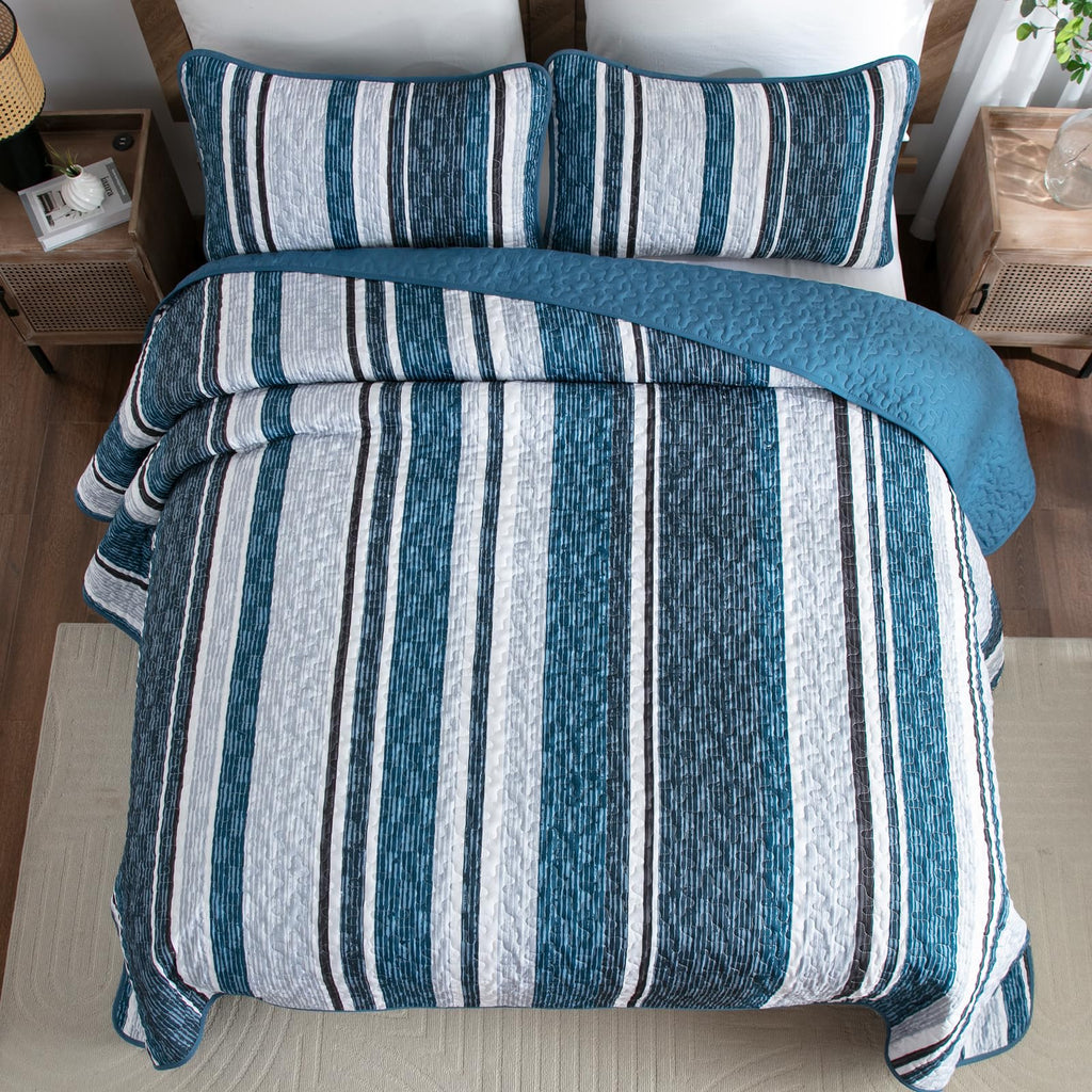 Quilt Set, Boho Striped Bedspread Coverlet Set, Navy Blue