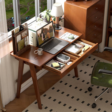 100% Solid Rubber Wood Desk, Mid Century Modern Writing Computer Desk in Walnut Finish with Drawer, Sturdy Room
