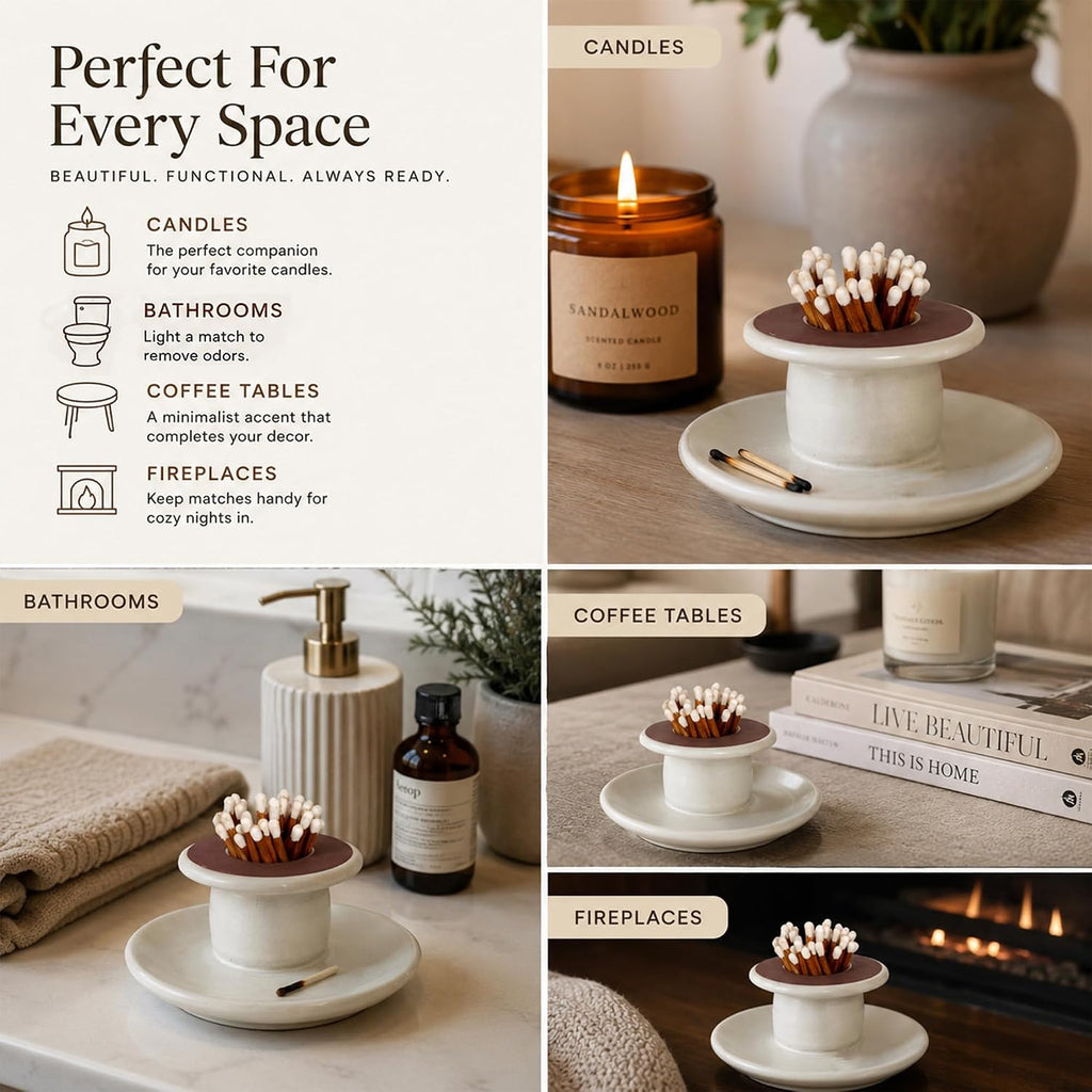 Handcrafted Ceramic Match Holder with Striker and Tray - Minimalist Candle Accessory, Decorative Match Striker