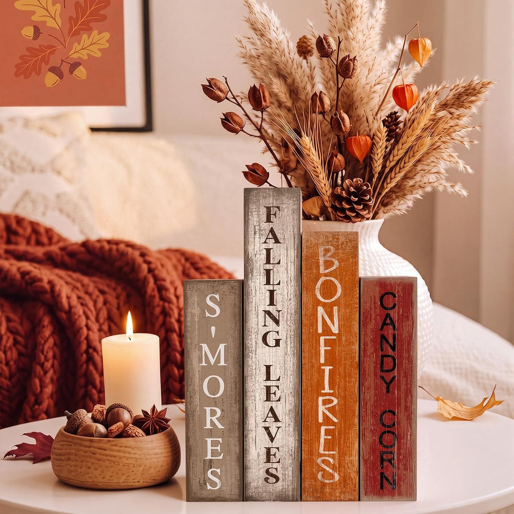 Fall Table Decoration Wooden Book Sign,Maple Leaves - Set of 4