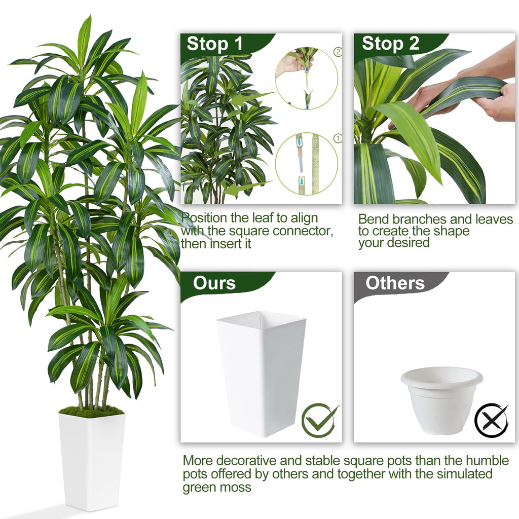 Dracaena Plant Artificial Tree 7Ft Tall Fake Tropical Floor Plants Potted (Real Touch) Artificial Silk Tree Leaf Faux