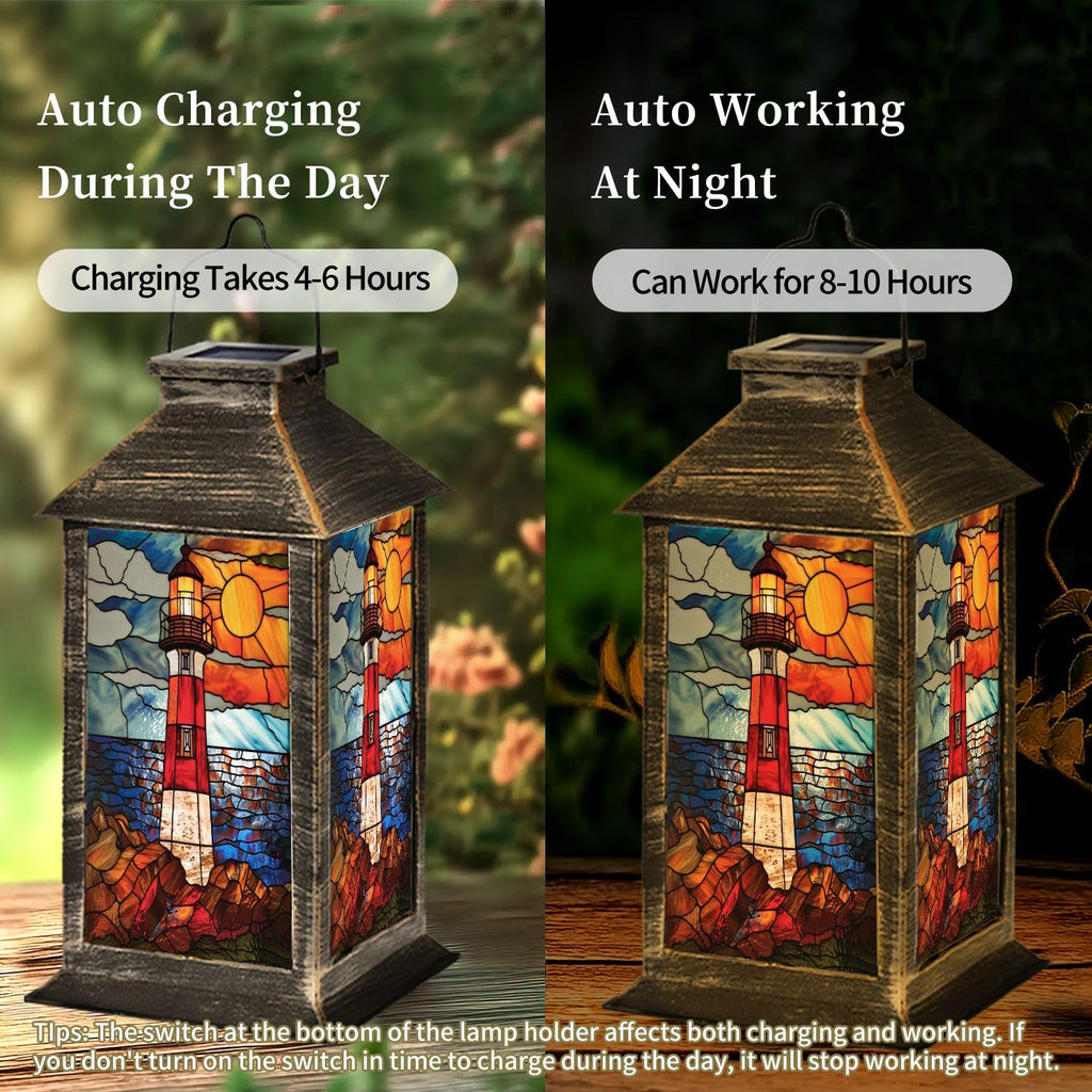 Solar Lantern Coastal Lighthouse Stained Glass Hanging Ornament Outdoor Garden Hanging Lantern Waterproof Solar