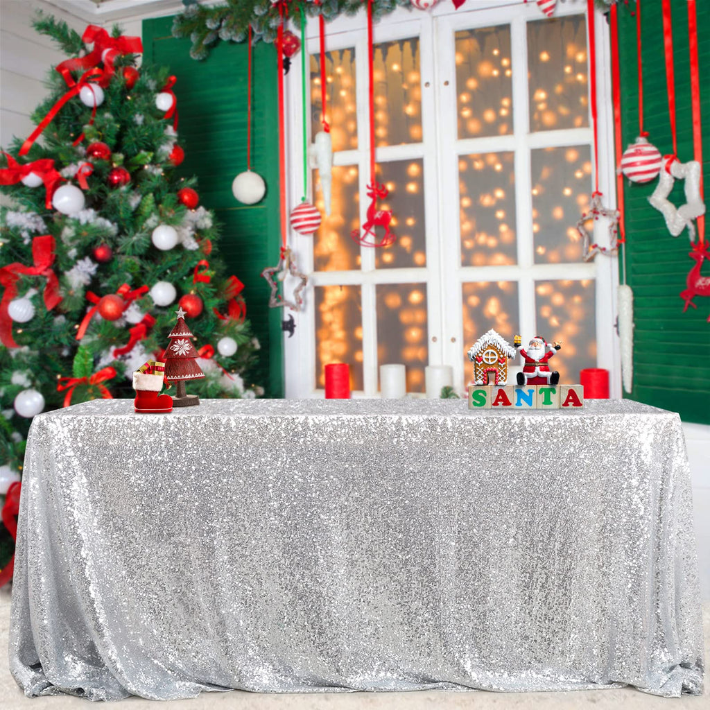 60x102 Inch Silver Tablecloth Christmas Rectangle Silver Glitter