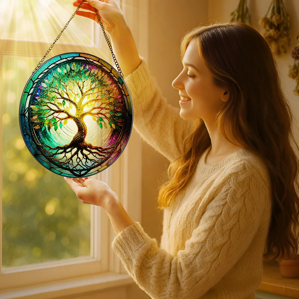 Stained Glass Window Hanging, 8'' Tree of Life Suncatcher, Stained Glass Ornament, Window Decor, Outdoor or Indoor