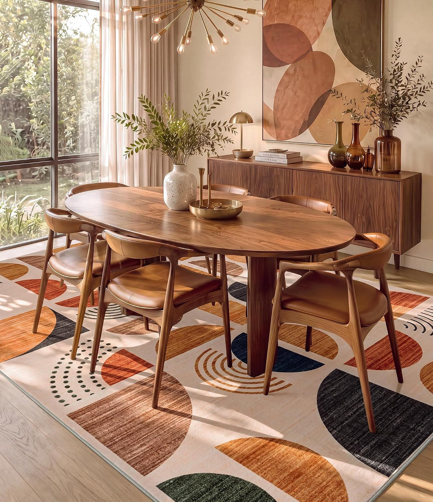 Boho Washable Area Rugs, Mid-Century Modern Rug Non Slip Minimalist, Bauhaus Throw Floor Carpet Dining Room