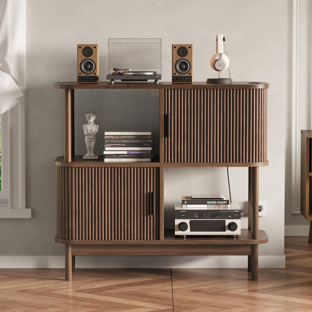 40" Large Record Player Stand with Charging Station, Mid Century Modern Turntable Cabinet with Sliding Doors, Wood