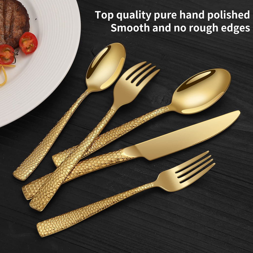 20-Piece Gold Silverware Set, Stainless Steel Hammered Flatware Set for 4