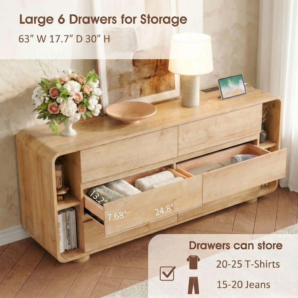 63 Inch 6 Drawer Dresser with Shelves Rounded Corner, Natural Oak