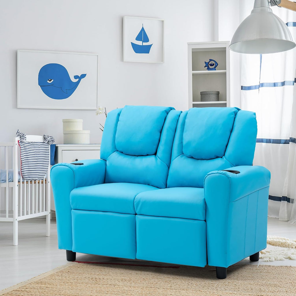 Toddler Recliner, Double Children Couch with Cup Holder, PU Leather Kids Sofa, Kids Loveseat w/Adjustable Footrest &