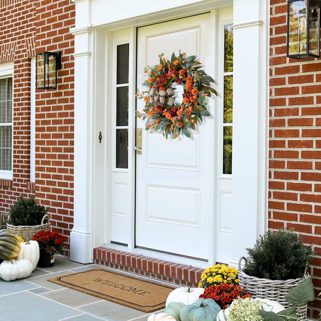 24 Inch Harvest Fall Wreaths for Front Door Outside with Bow & Red Berries