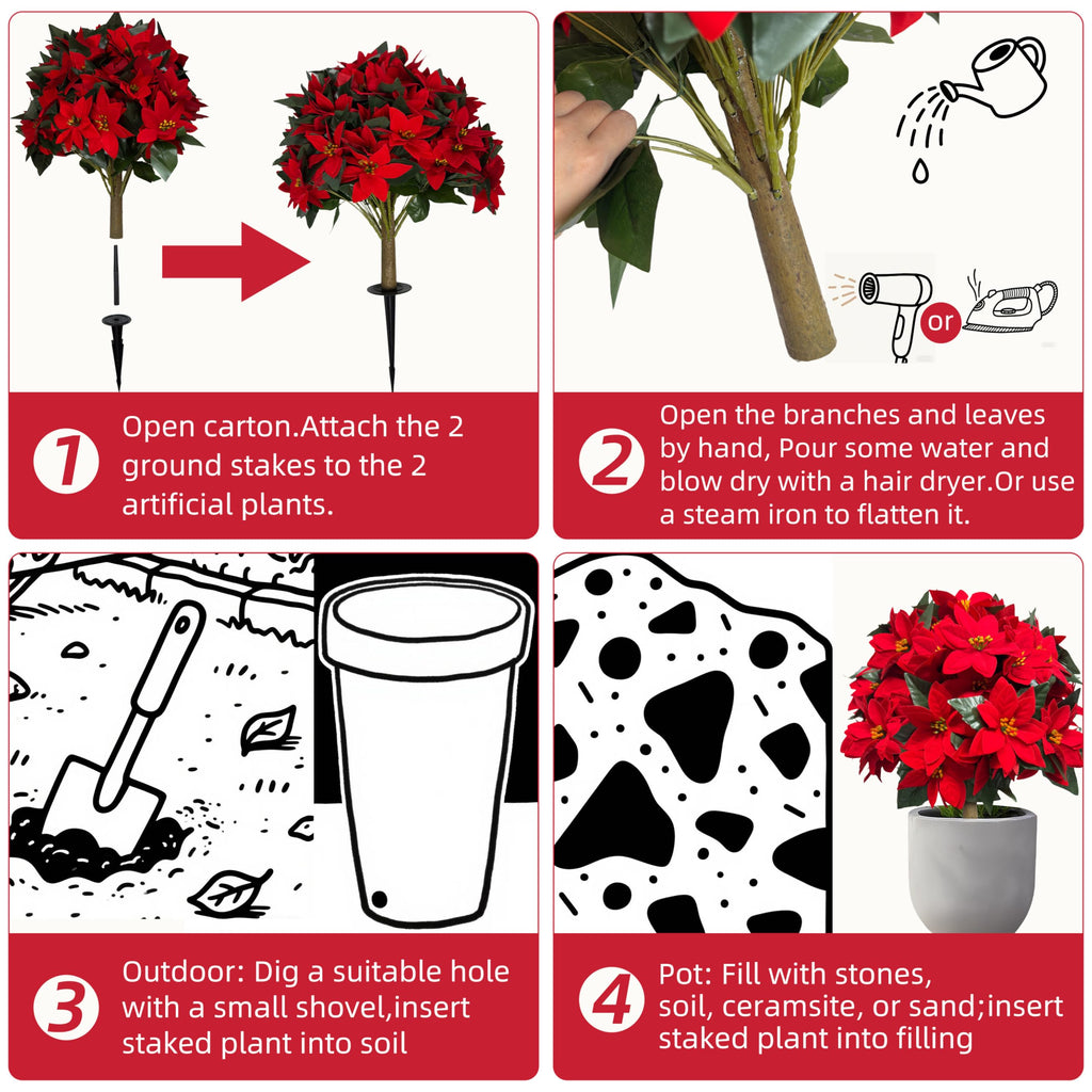 27'' Christmas Outdoor Artificial Poinsettia Flower Topiary Tree 2PCS