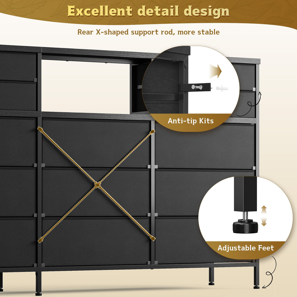 Black Dresser with 9 Fabric Drawers & Display Top Shelf
