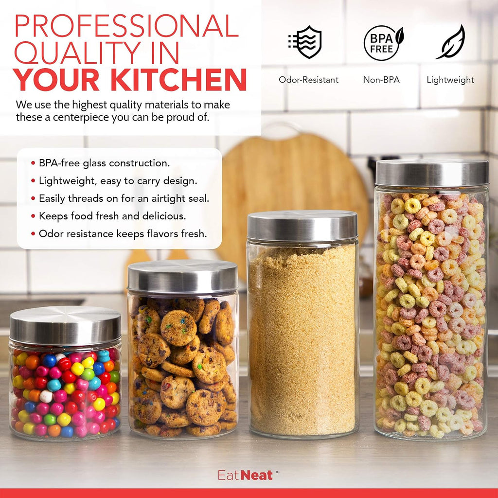 4-Piece Sleek Glass Canister Set with Brushed Stainless Steel Lids - Giftable, Durable Storage Containers - Set of 4
