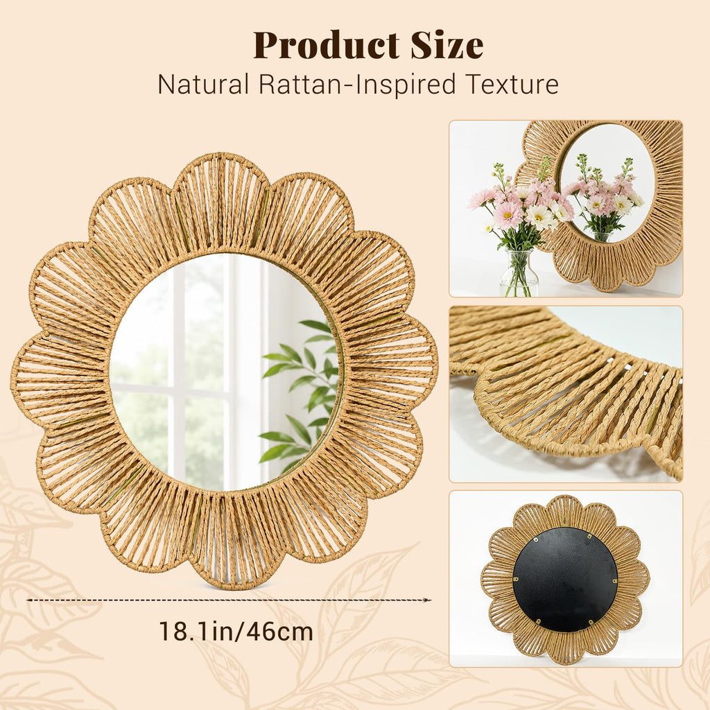 Handwoven Rattan Flower Mirror, Scalloped Boho Wall Decor, 18 Inch