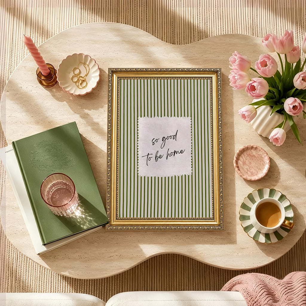 So Good To Be Home Wall Art, Vintage Gold Framed Sage Green Striped Pictures Wall Decor, Family Inspirational Quote