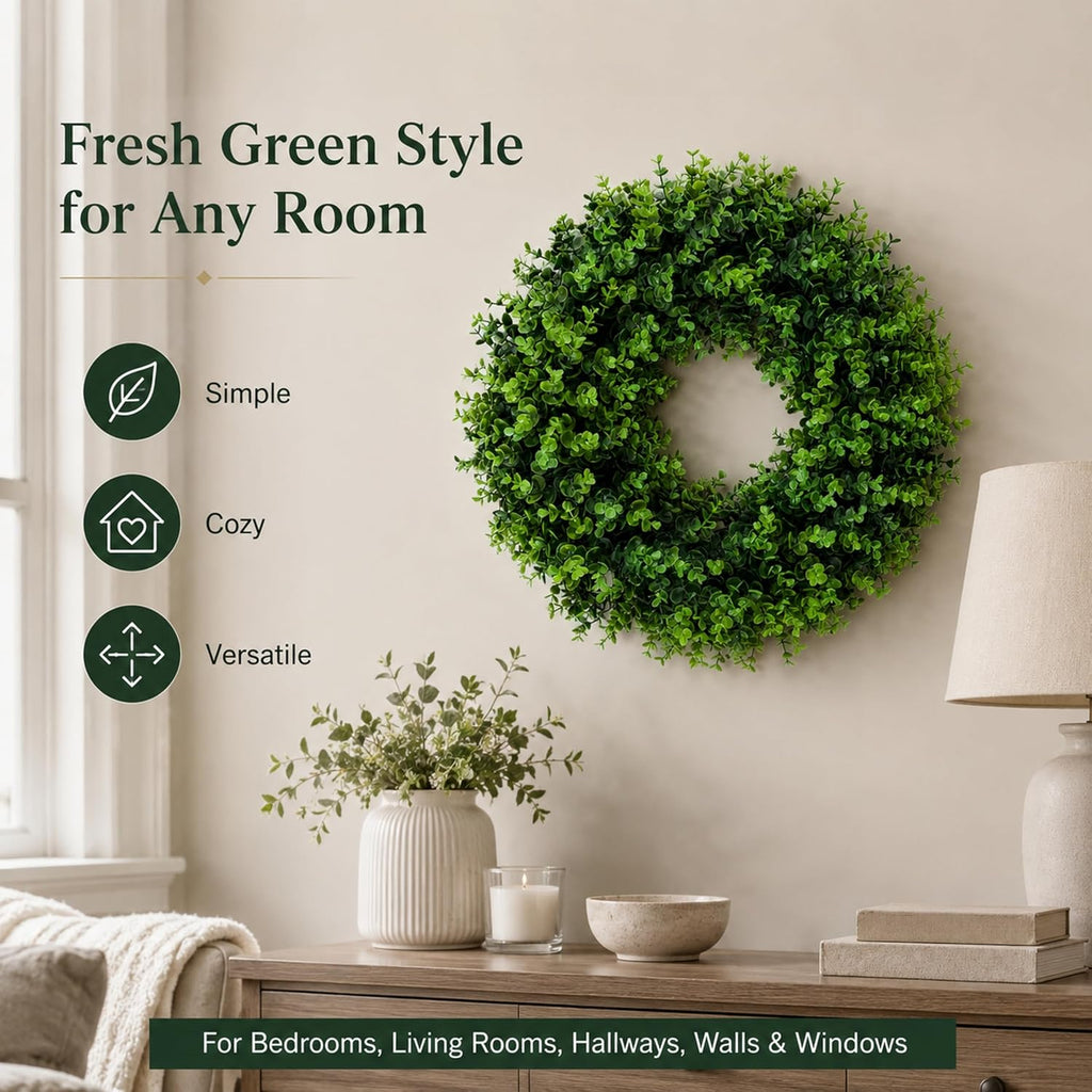 24 Inch Boxwood Wreath for Front Door, Artificial Greenery Wreath, Large Faux Boxwood Door Wreath, Waterproof UV