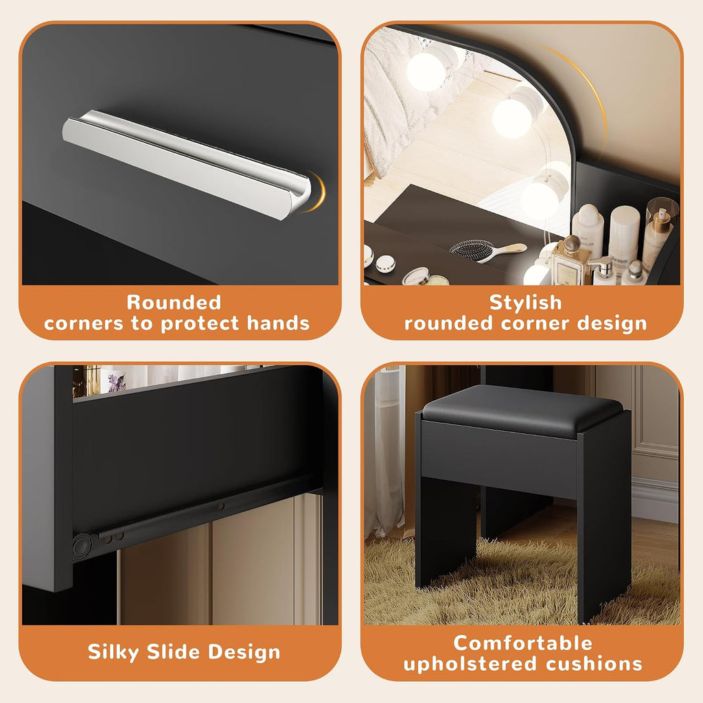 Black Vanity, Set with Big Mirror, Lights & Chair, for Girls | Small footprint, huge storage, 14.2×26.5×54.4"