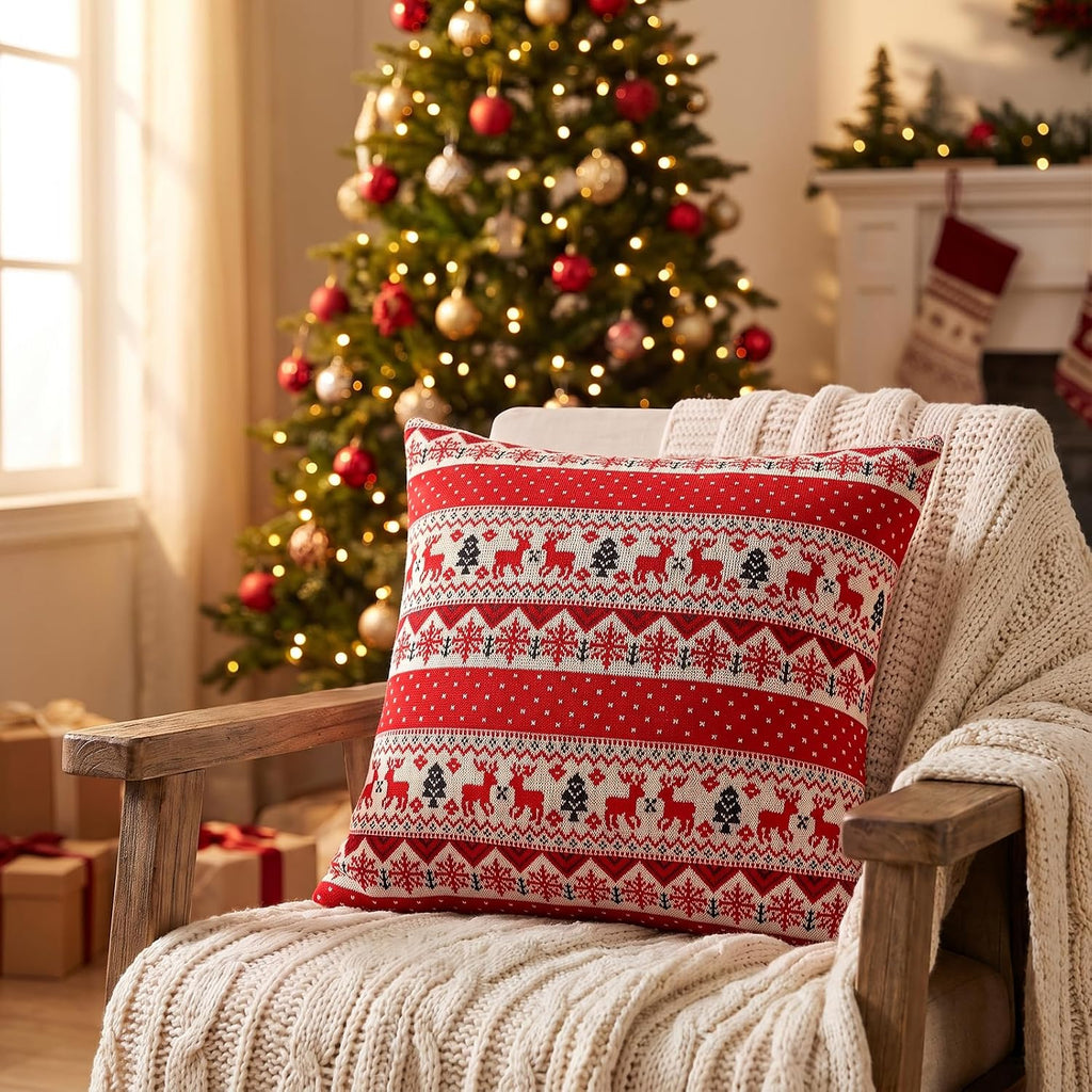 Christmas Knitted Throw Pillow Covers 18x18 Inch-Red - Set of 2