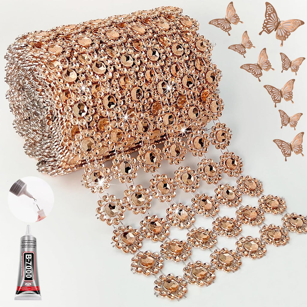 Champagne Rhinestone Mesh Fabric, 4In X 3Yards 6Rows, Bling Ribbon Roll for Crafts, Mum Ribbon Wrap Trim with 3D