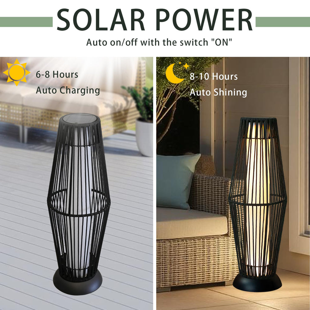 Outdoor Floor Lamp 2 Piece Solar Powered Lantern Wicker Solar Patio Lamp with Olifen Rope Waterproof Rattan Outside