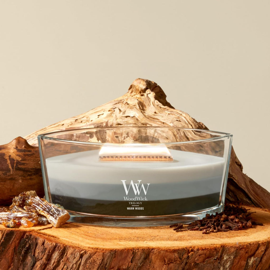 Warm Woods Trilogy Holiday Candle Gifts for Women and Men, 16 oz Ellipse Trilogy Candle with Crackling Wick