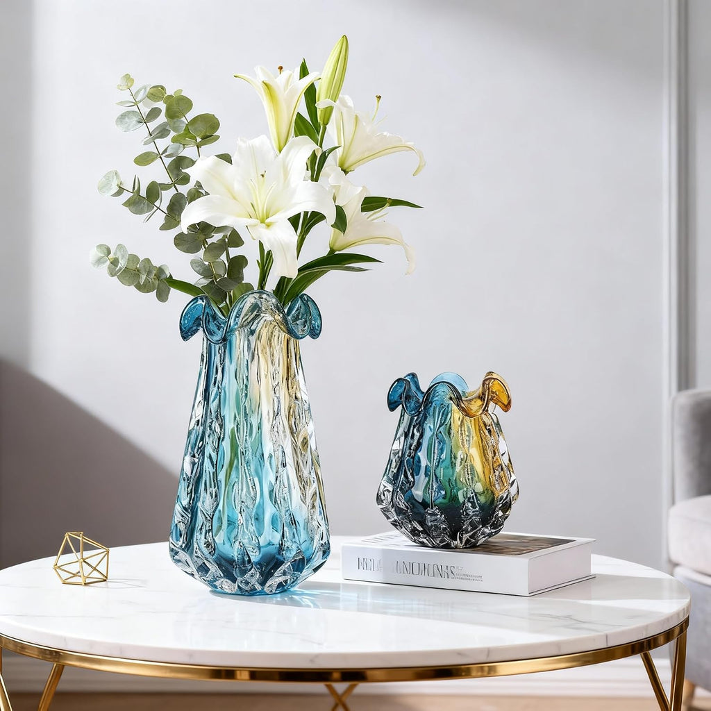 Hand Blown Glass Vase - Multi-Size Colorful Gradient Flower Vase for Centerpieces, Art Glass Home Decor & Living Room