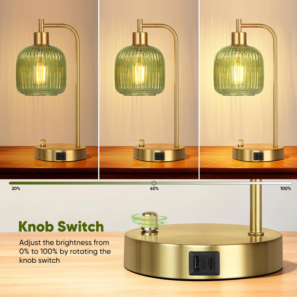 Green Glass Table Lamps Set of 2, Dimmable Bedside Lamps