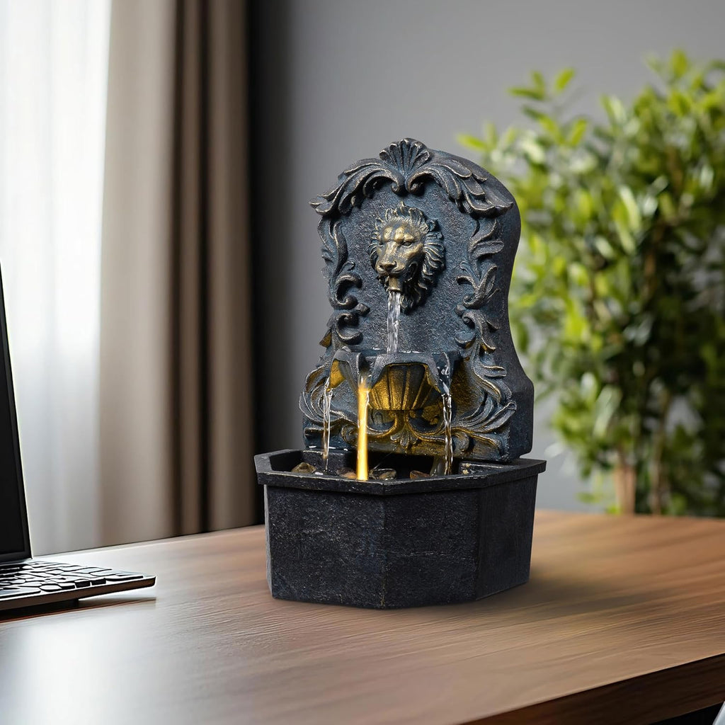 Tabletop Waterfall Fountain with Lion Head - Resin Table Top Water Fountains Indoor for Desk & Home Decor (RJ-21116N)