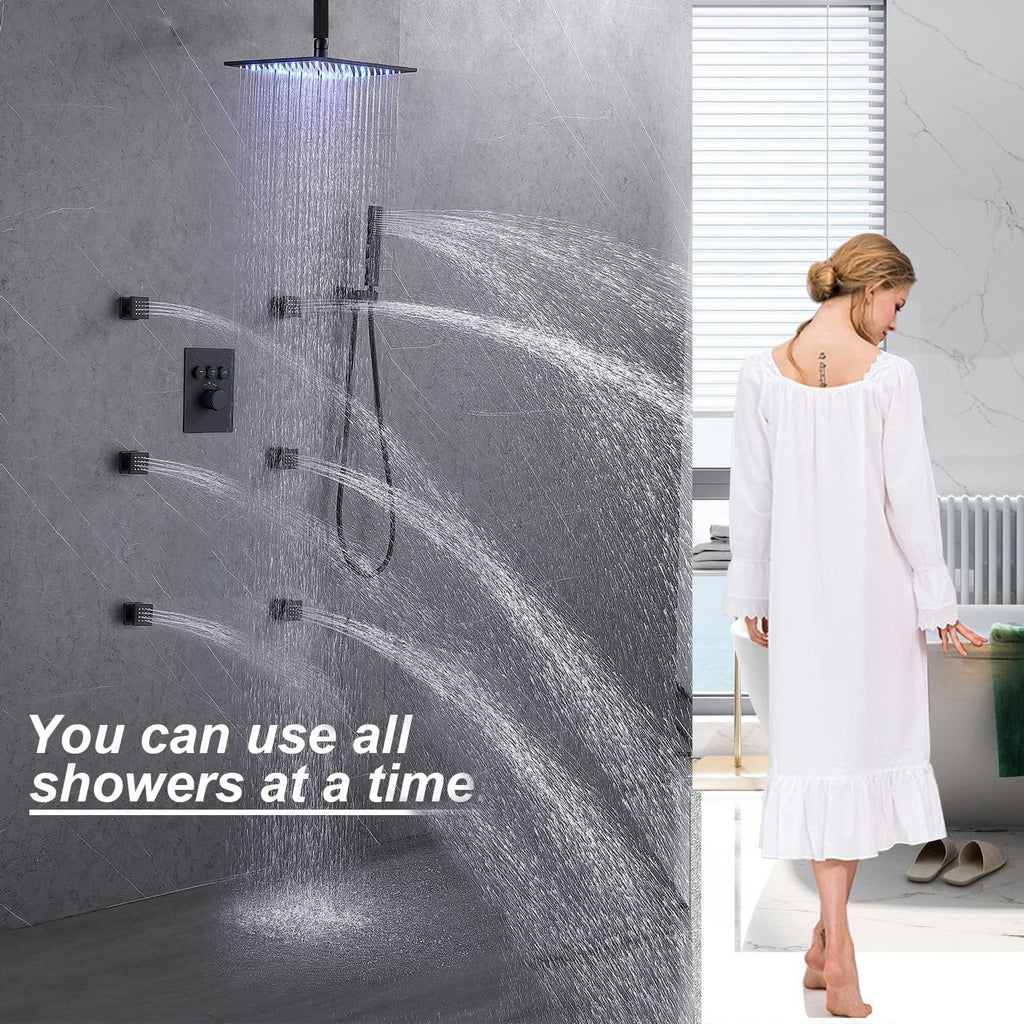 Thermostatic Shower System with Body Jets (Use All Functions At A Time), Ceiling Mounted 12 Inch LED Rain Shower with