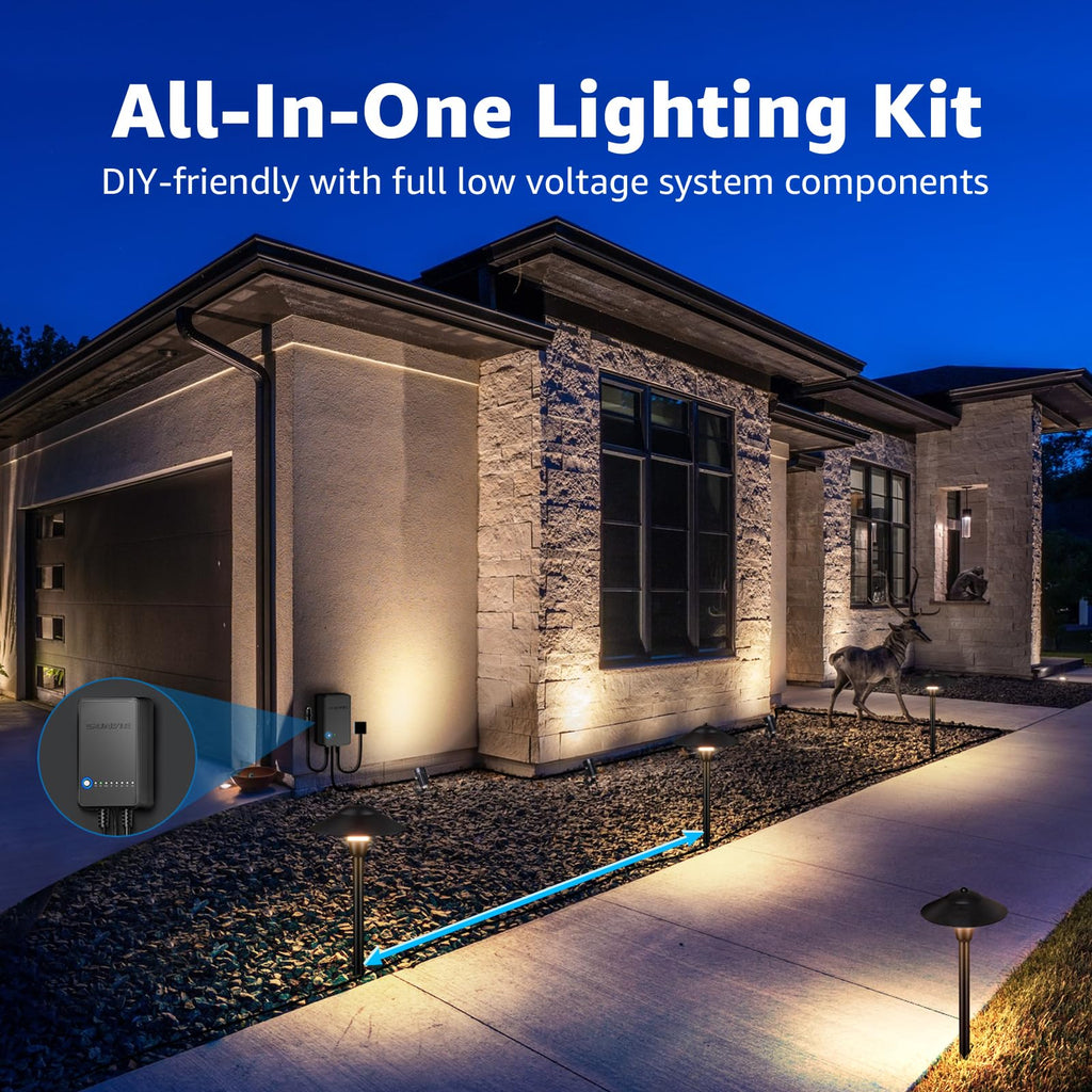 All-in-One LED Low Voltage Landscape Lighting Kit 6 Pathway Lights 2 Spotlights with 60W Photocell Transformer