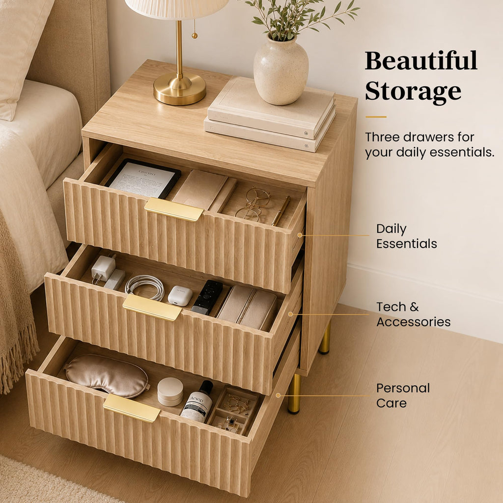 Natural Oak 3-Piece Fluted Dresser and Nightstand Set