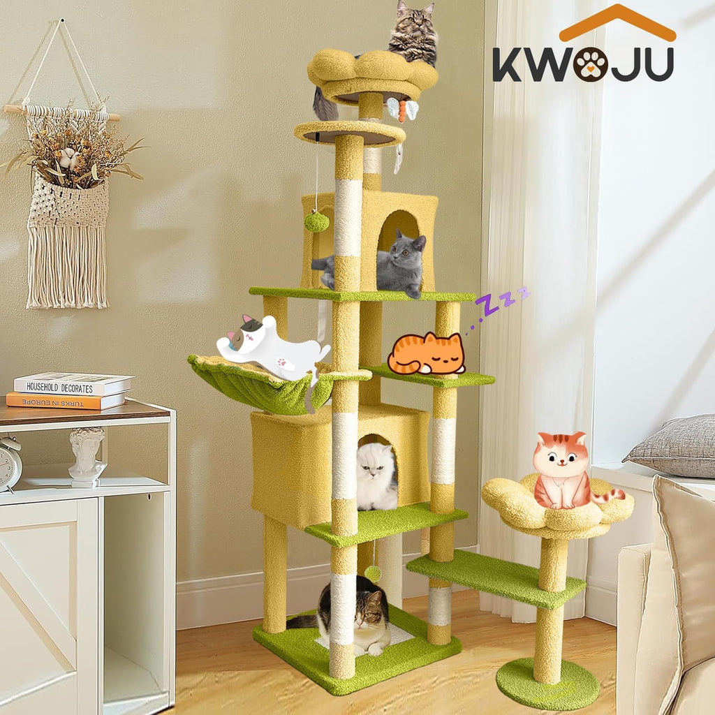 Flower Cat Tree 71 Inches, Large Cat Tower with 2 Detachable Flower Cushions and 2 Hiding Condo, Tall and Big Cat Tree
