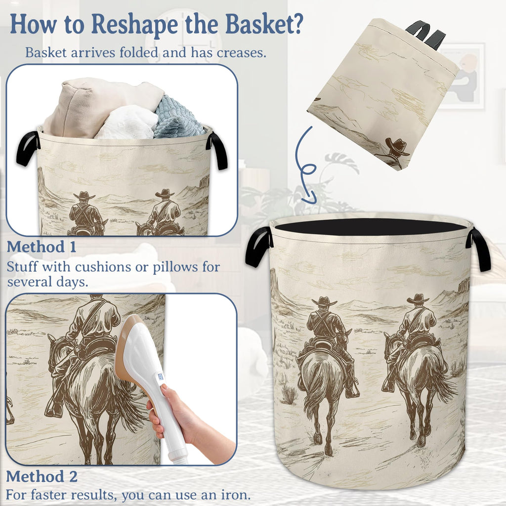 Western Cowboy Laundry Hamper With Handle,Foldable Oxford Cloth Horse Desert Laundry Basket,20.8"x16" Clothes Storage