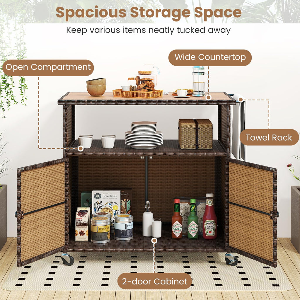 Outdoor Storage Cabinet with 4 Wheels, Wicker Buffet Cabinet with Acacia Wood Countertop, Open Compartment & 2-Door