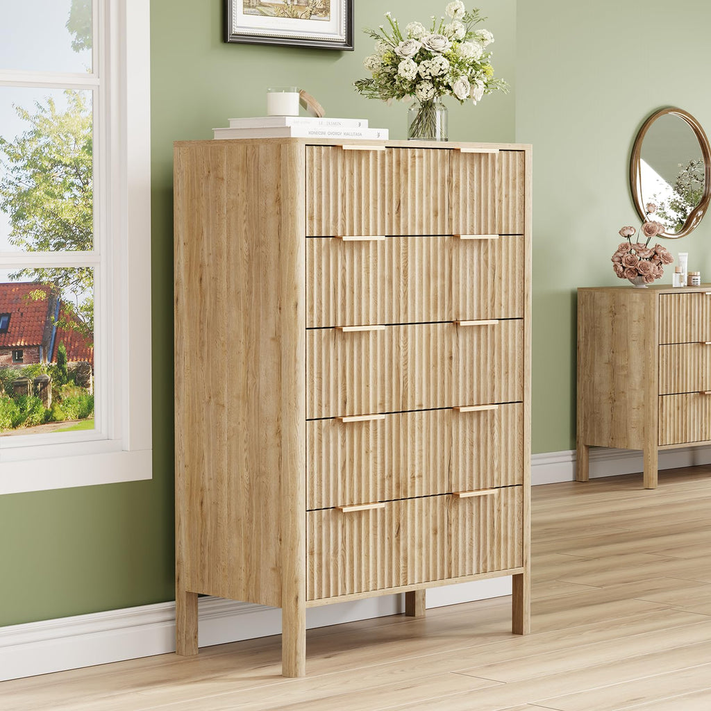 47" Tall Dressers Fluted 5 Drawer Dresser, Wooden Dresser Modern Chest of Drawers Dressers with Organizer Storage