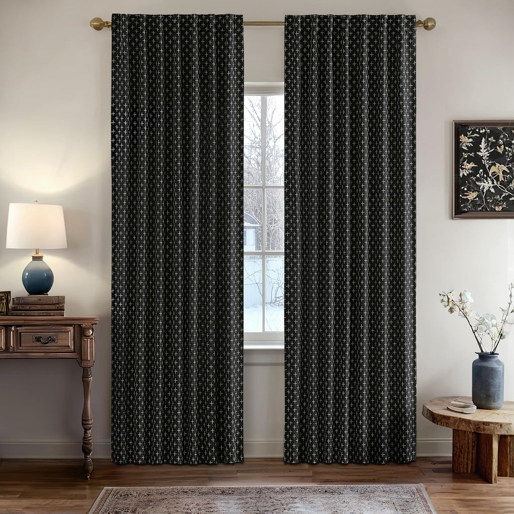 Patterned Farmhouse Linen Curtains, Back Tab, 52Wx90L, Black