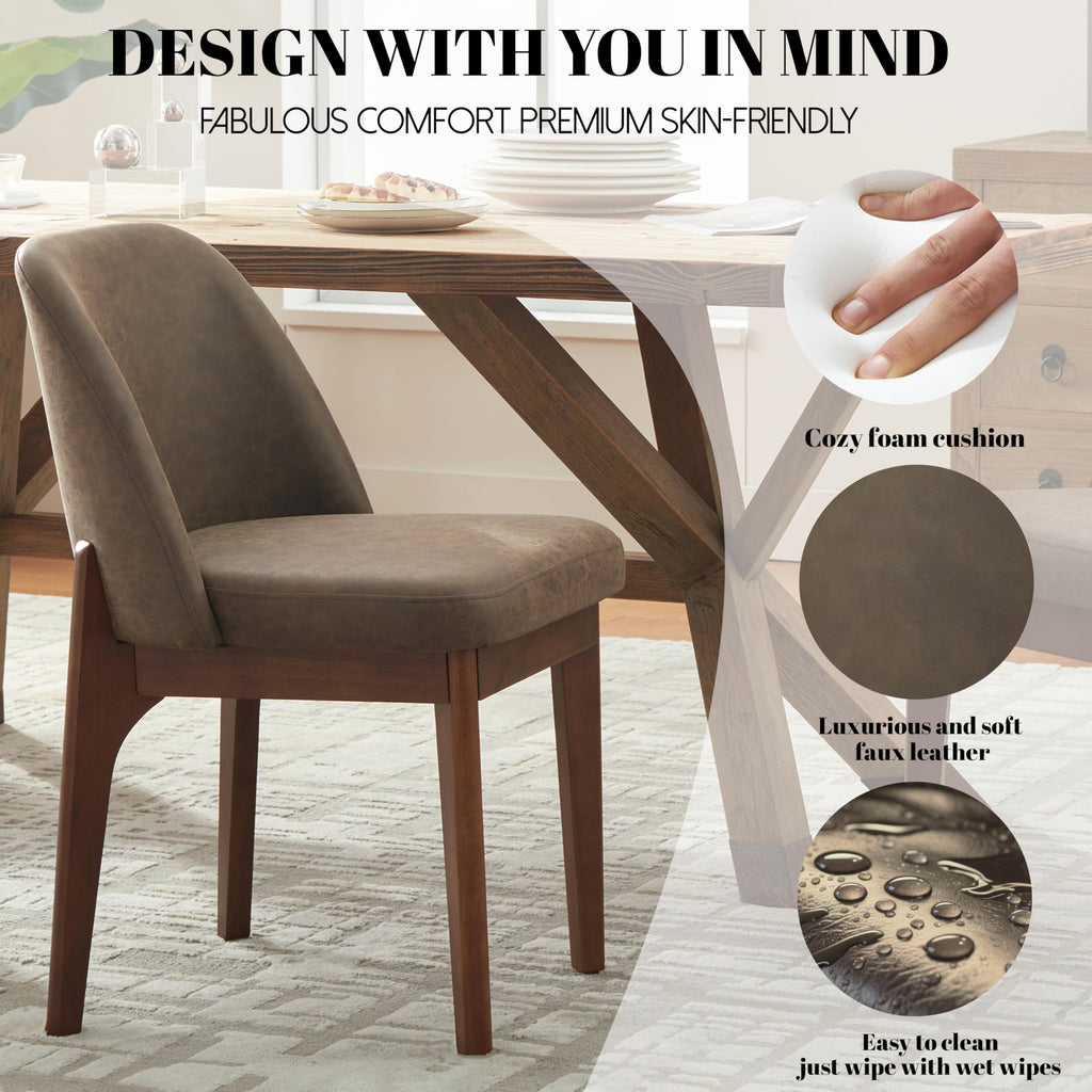 Dining Chairs Set of 4, Faux Leather Wood Kitchen Chairs, Dark Brown