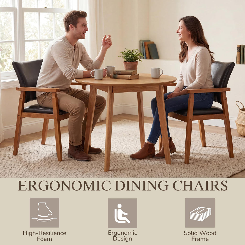 Mid-Century Modern PU Leather Dining Chair with Arms, Solid Wood Frame, 320 lbs Weight Capacity, Upholstered Accent