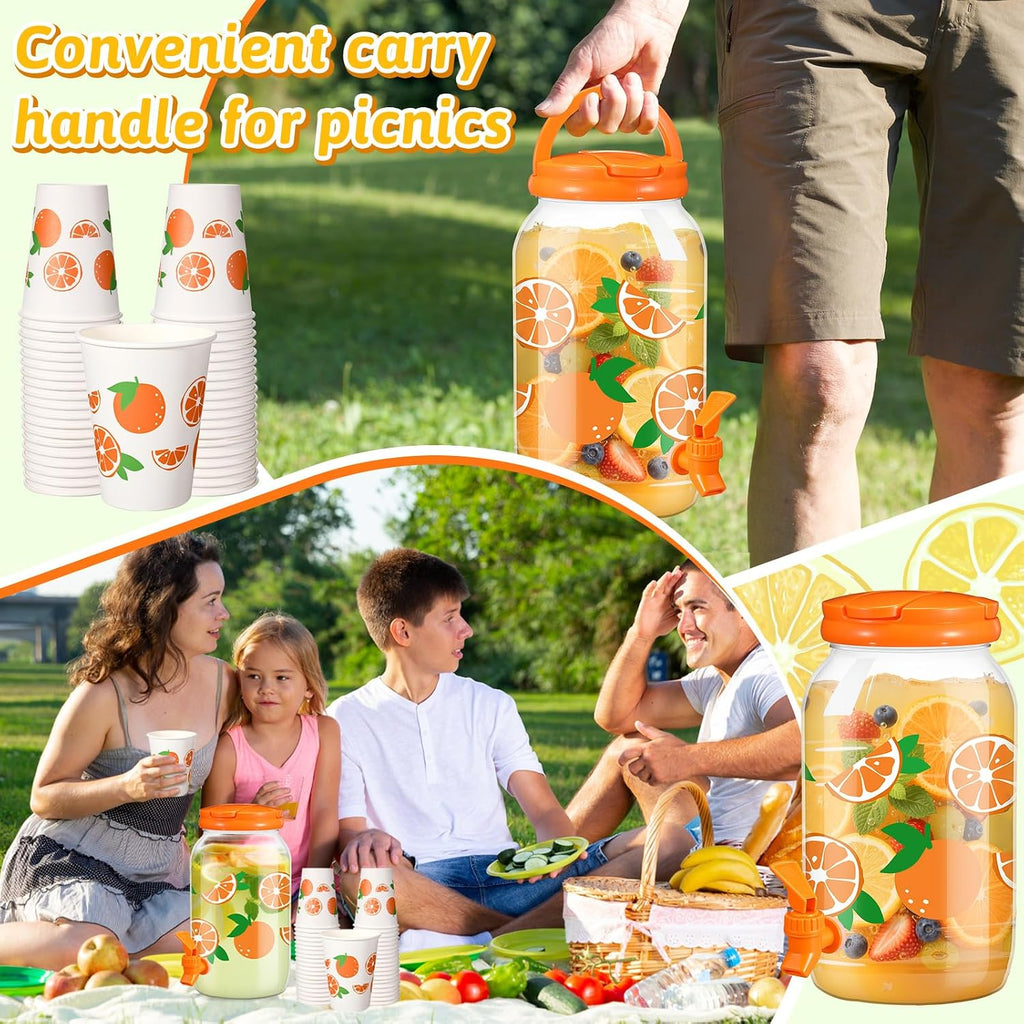 Tree Clear Plastic Drink Dispenser with 12 oz Tropical Paper Cups 1 Gallon Kitchen Fridge Beverage Dispenser - Set of 20
