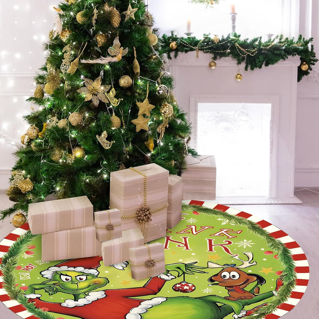 48 Inch Christmas Tree Skirt - Soft and Funny Farmhouse Christmas Tree Collar with Red & Green Trim Decor Xmas