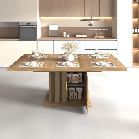 63"-79" Extendable Dining Room Table for 6-10 People, Modern Minimalist Dining Table with 2 Tier Storage, Space