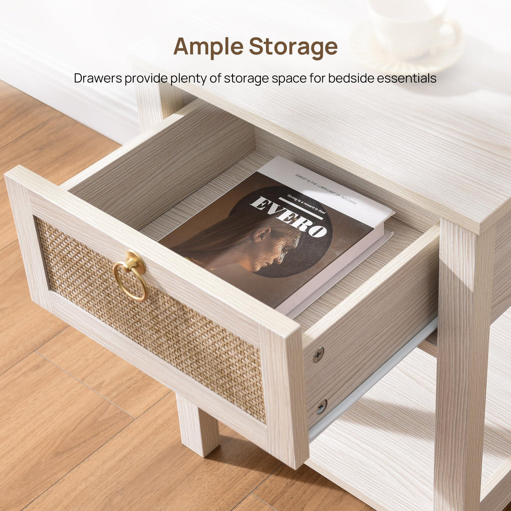 White Rattan Nightstand with Storage Shelf, Boho Bedside Table