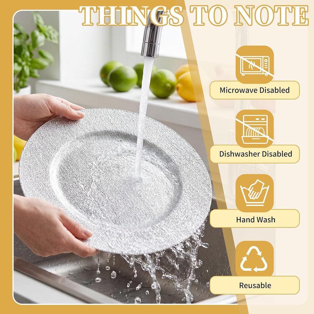 100 PCS 13 Inch Silver Charger Plates Bulk, Brushed Textured Plastic Round Chargers for Dinner Plates, Decorative