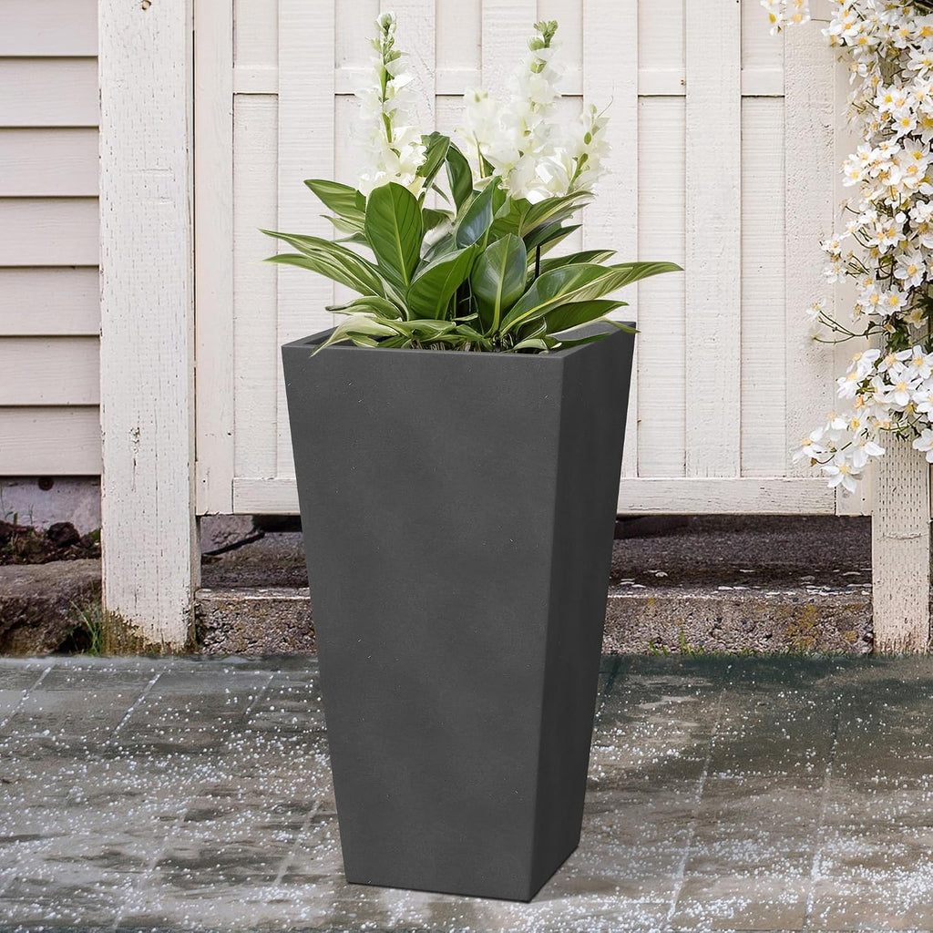28 Inch Tall Tapered Concrete Planter, Modern Style Large Plant Pot with Drainage Hole and Rubber Plug , Backyard