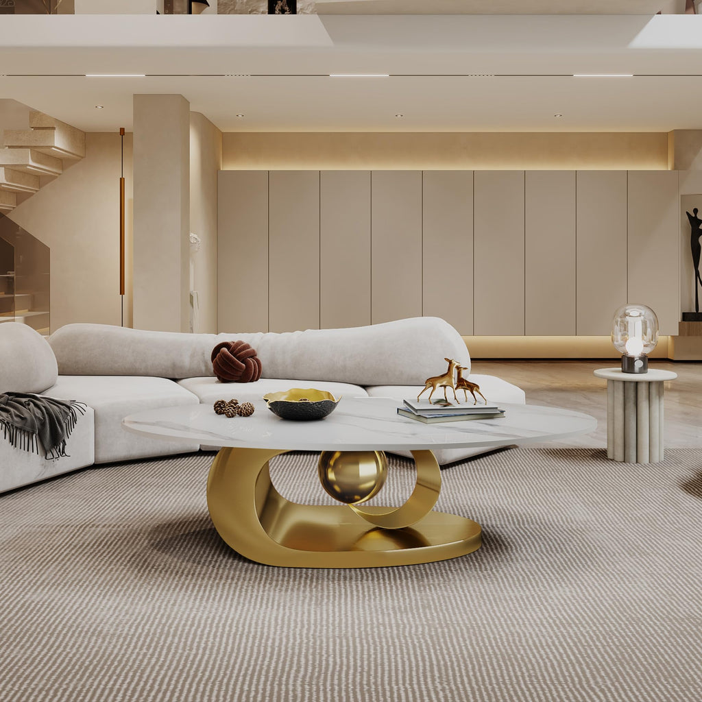 Modern Coffee Table with Gold Stainless Steel Pedestal, Oval