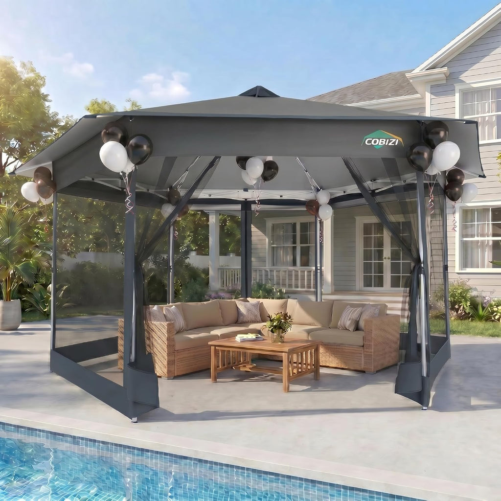 16x16 Pop Up Gazebo Tent with Mosquito Netting, Gazebos on Clearance, Hexagonal Outdoor Canopy Shelter