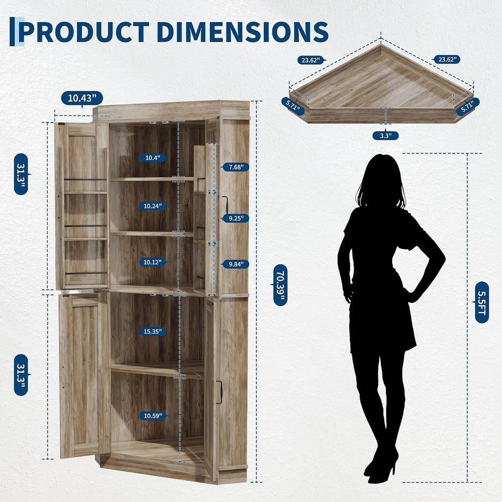 Farmhouse 71"Tall Corner Bar Cabinet,Heavy Duty Corner Kitchen Pantry Cabinet with 4 Doors&Shelves,Freestanding L