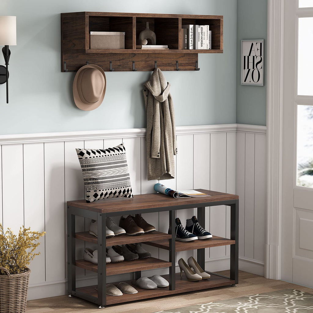 Industrial [Shoe] [Rack] [Bench] with Coat [Rack] Set with Hall Tree, 3 Storage Cubbies, 7 Hooks, 5-in-1Design